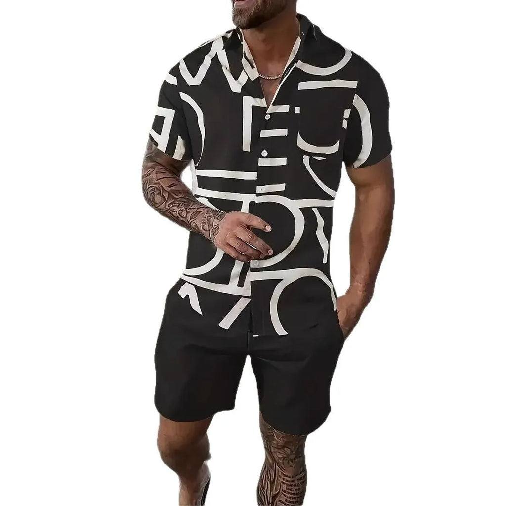 Men's Hawaiian print short sleeve suit with matching shorts, shown in available colours