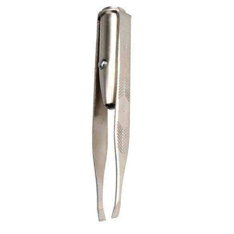 Stainless steel LED beauty tweezers with built-in light and push-button switch, 8.5 cm length
