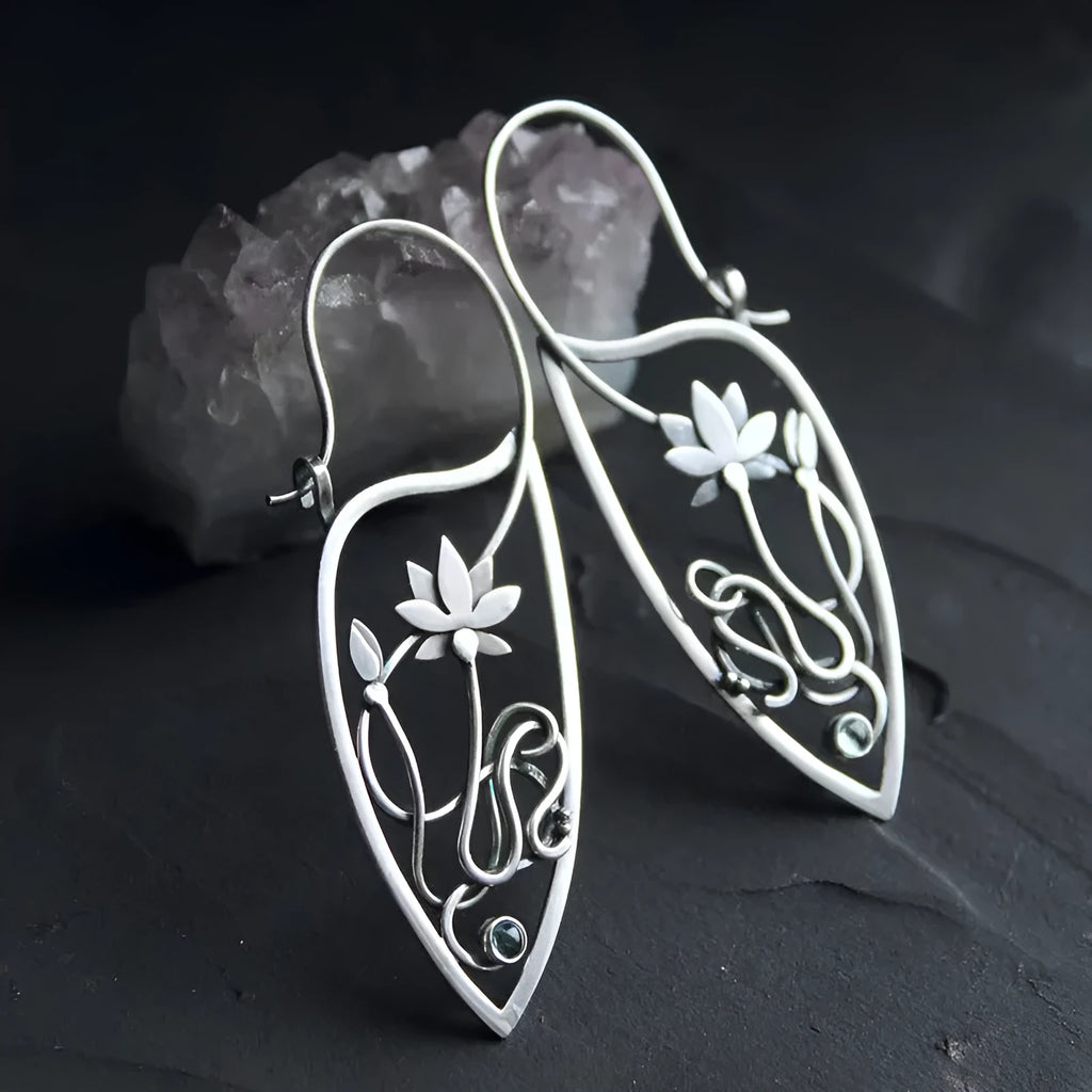 Silver electroplated alloy rhinestone lotus vine flower geometric earrings for women