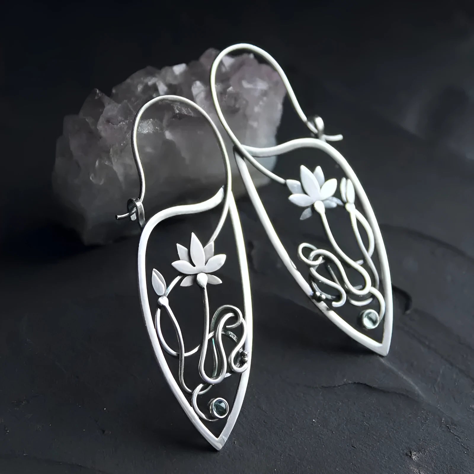 Silver electroplated alloy rhinestone lotus vine flower geometric earrings for women