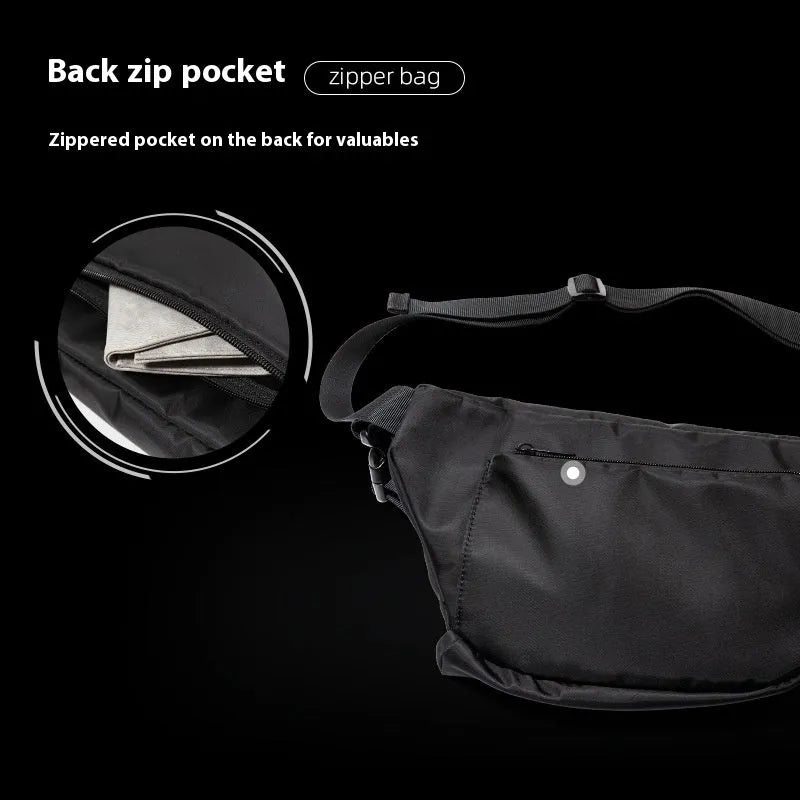 Men's Japanese leisure slanted chest bag in black Oxford fabric with sewing line details