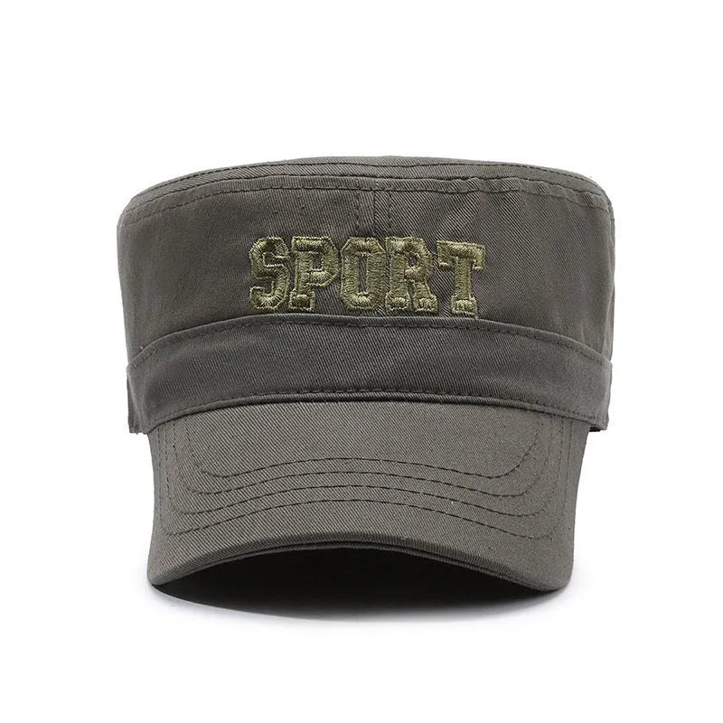 Men's adjustable cotton peaked cap in army green with dome crown and English letter print.