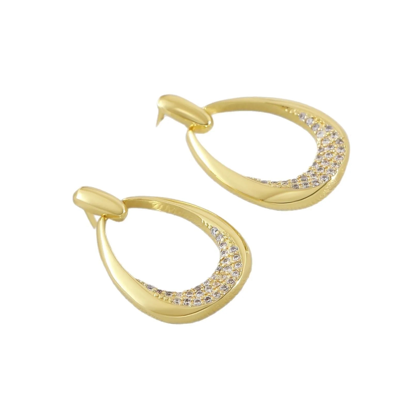 Women's yellow gold geometric drop earrings with zircon detailing measuring 2.6cm by 1.7cm
