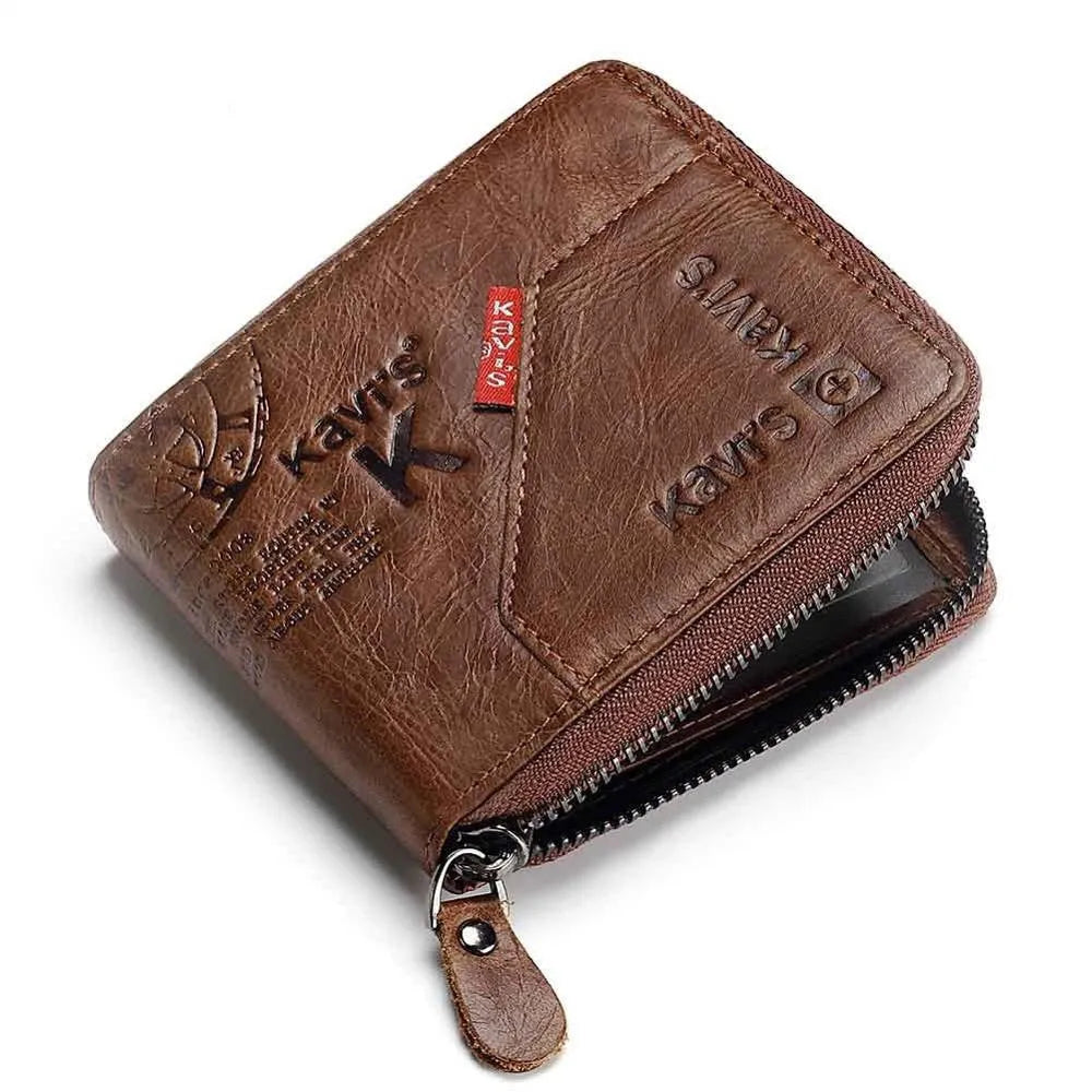 Men's genuine coffee leather zip wallet with vintage locomotive motif, open showing card slots and coin pocket