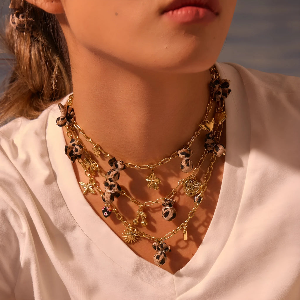 Women's stainless steel necklace with leopard pendant and love heart flowers, 18K gold electroplated geometric design