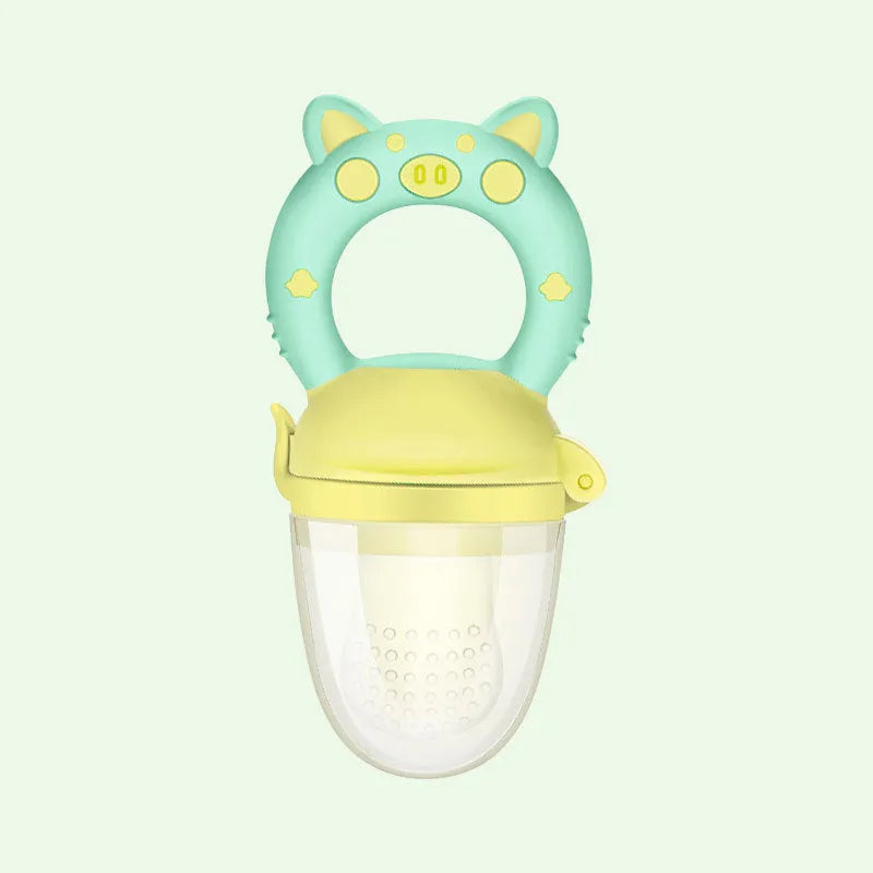 Silicone baby teether with textured chewing surfaces in blue, green and pink colour options