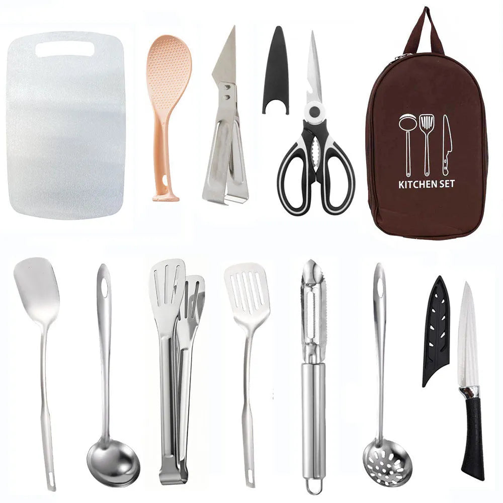 12-piece stainless steel picnic kitchenware set in storage bag for outdoor dining