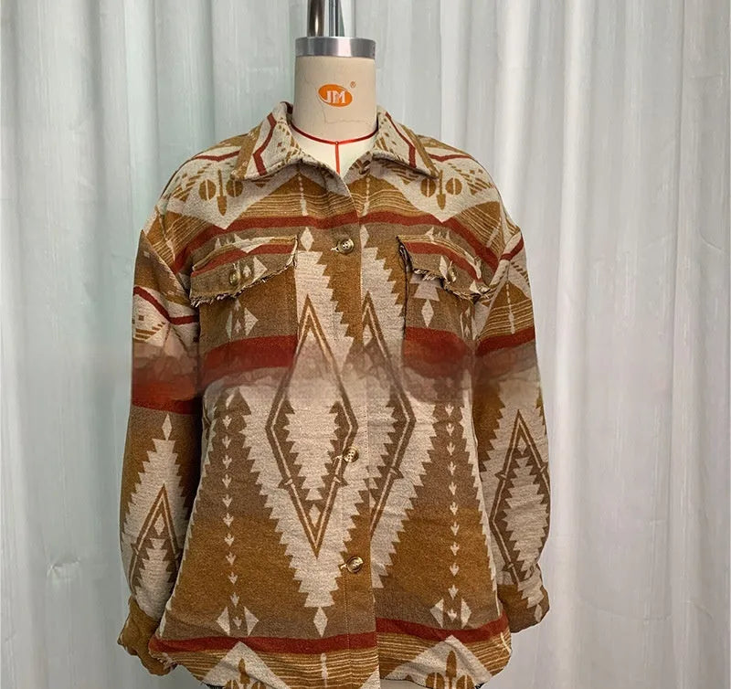 Women's Aztec printed retro woolen coat in loose fit, shown in Army Green colour