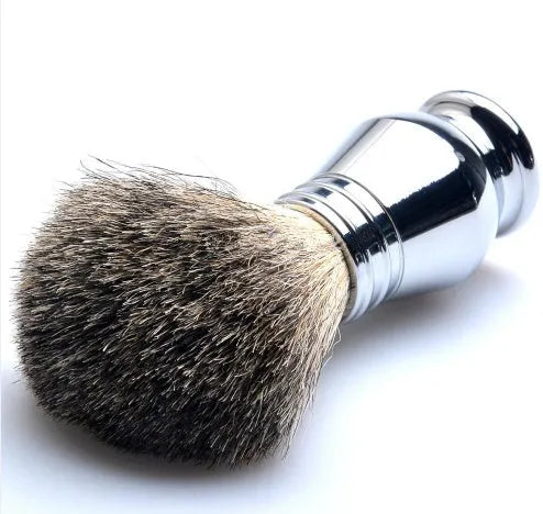 CSB men's shaving set with badger hair brush, chrome safety razor, stand, zinc alloy bowl, and blades in black box.