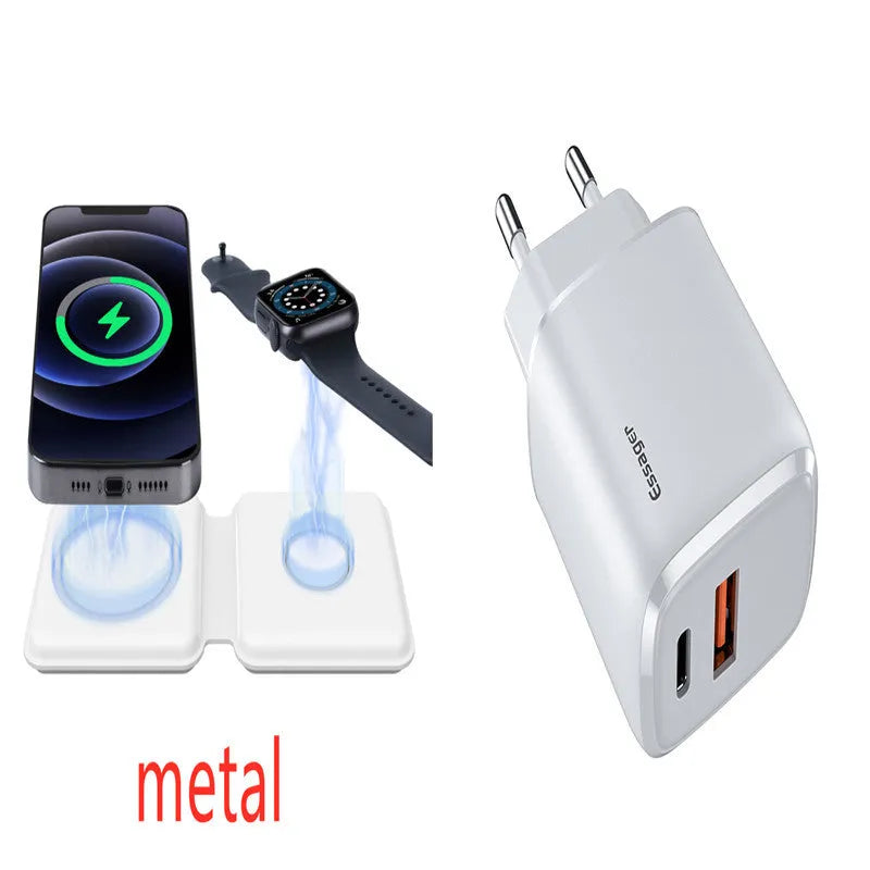 White foldable magnetic wireless charger showing dual charging surfaces and adjustable stand