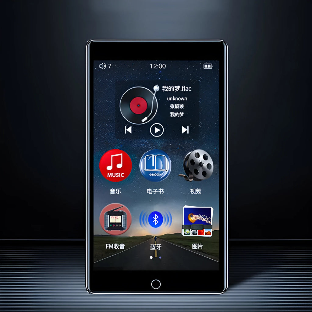 Black Ruizu H1 slim portable media player with 4-inch touch screen showing menu interface