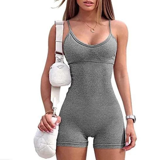 Spaghetti strap shorts jumpsuit for women, solid colour nylon spandex fitness romper, black.