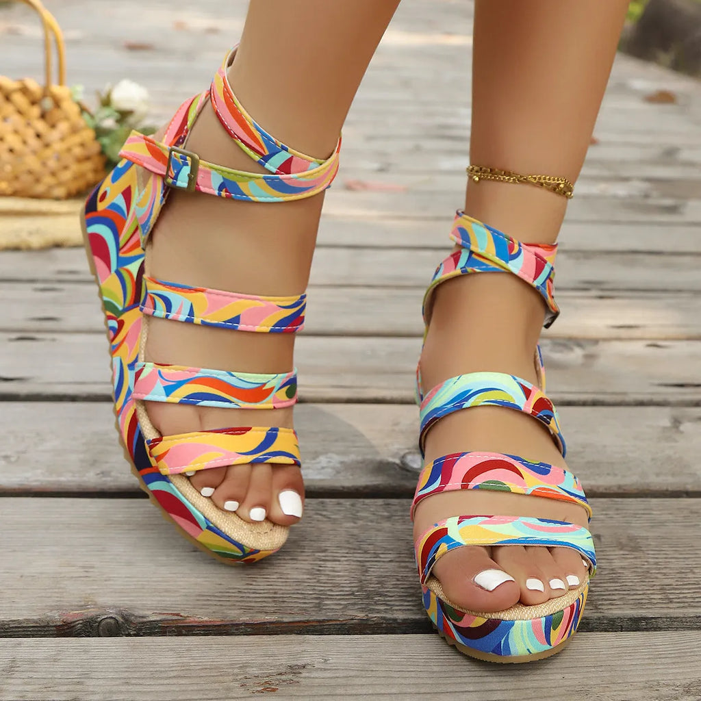 Women's buckle wedge sandals with PU upper and rubber sole in a neutral colour