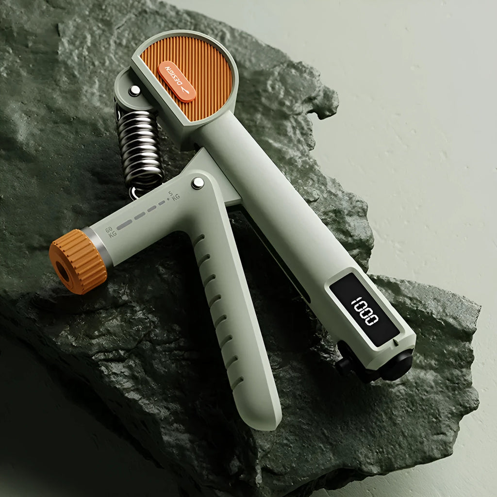 Adjustable spring hand grip strength trainer in ABS plastic, shown in white colour.