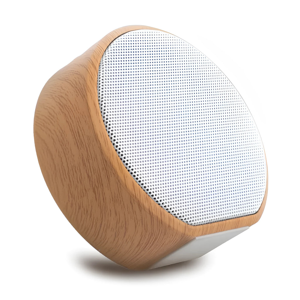 Wood grain Bluetooth speaker in white colour with built-in battery and USB interface