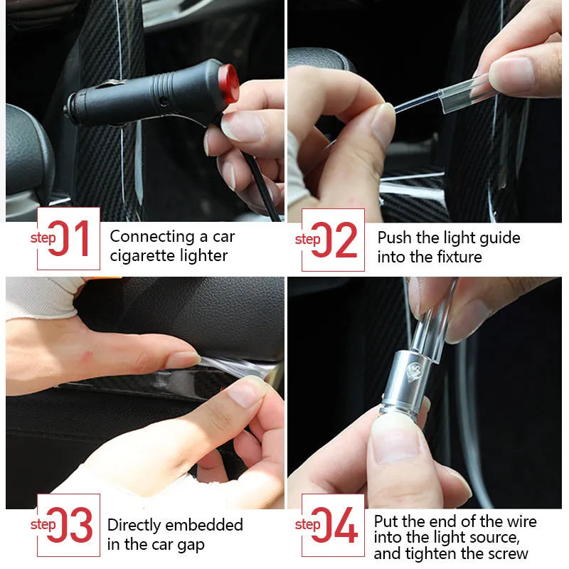 Car fibre optic ambient light kit with RGB colours, music sync, and app control installed on a car door panel