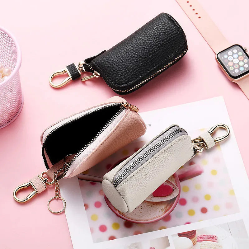 Men's black PU leather key case with zipper closure for car and home key organisation