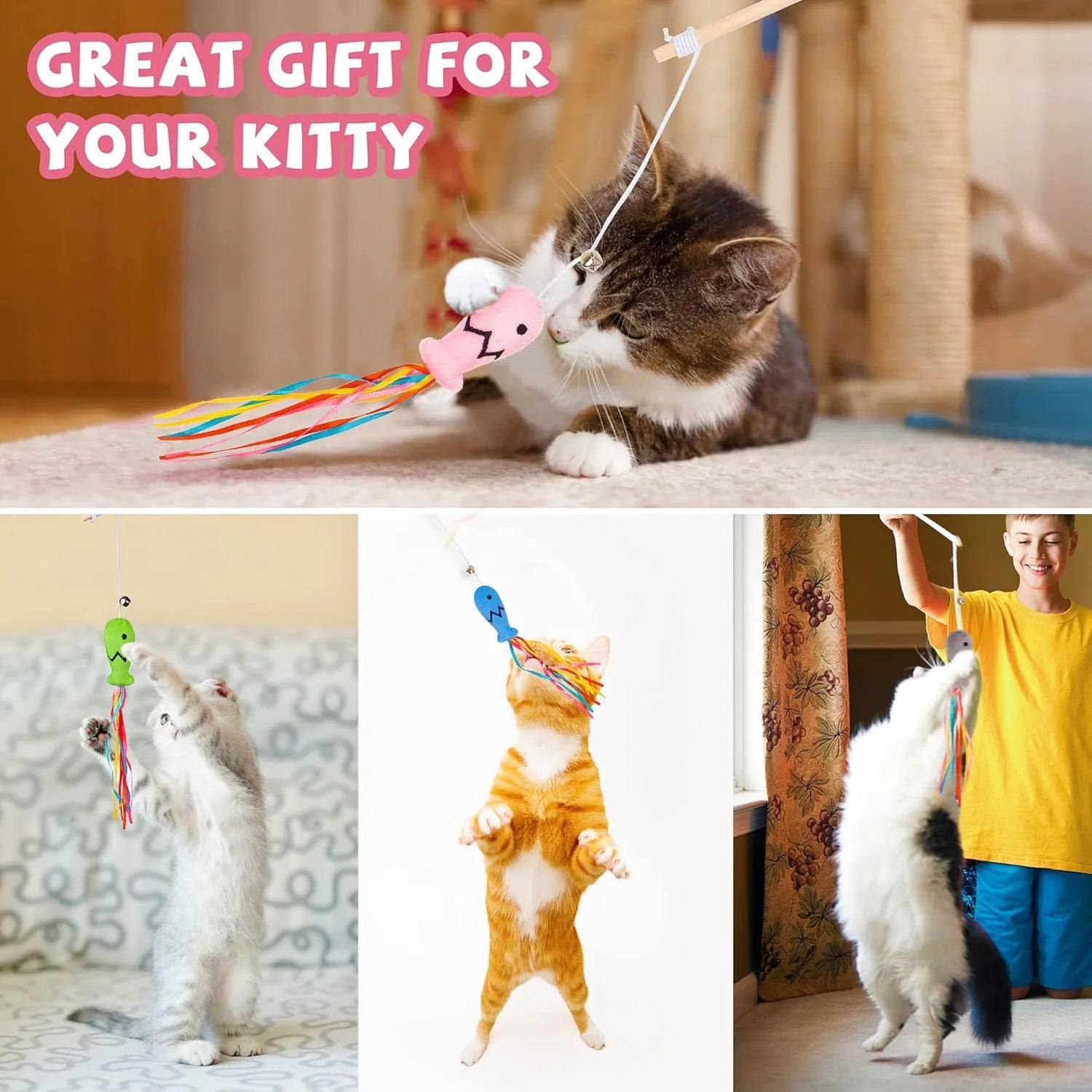 Cat wand toy with colourful ribbons, catnip fish, and bell on natural wooden handle