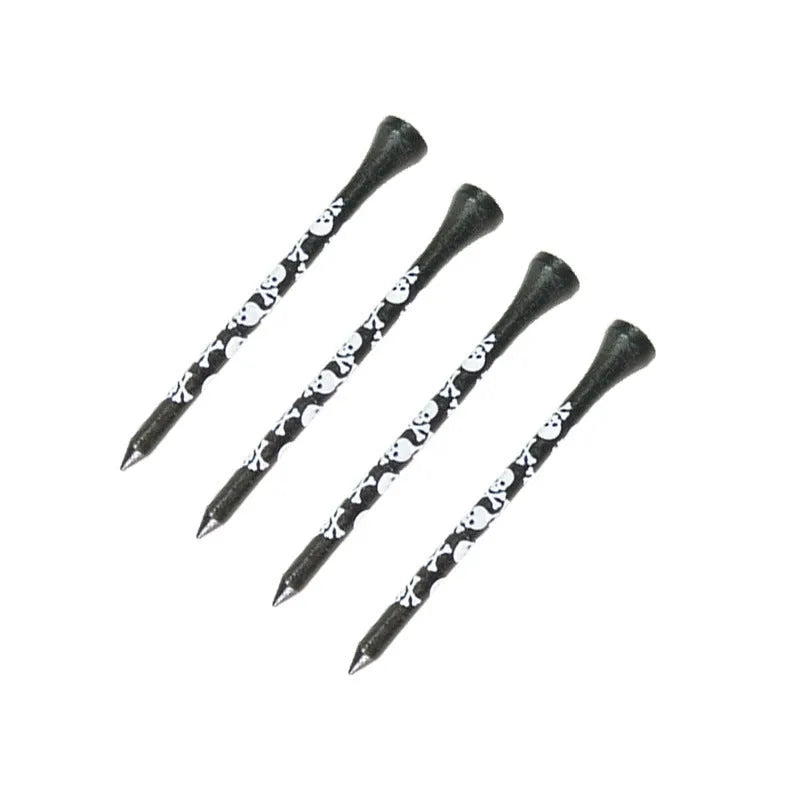 Ten bamboo dowel pins for golf spikes in two lengths with black skull print.