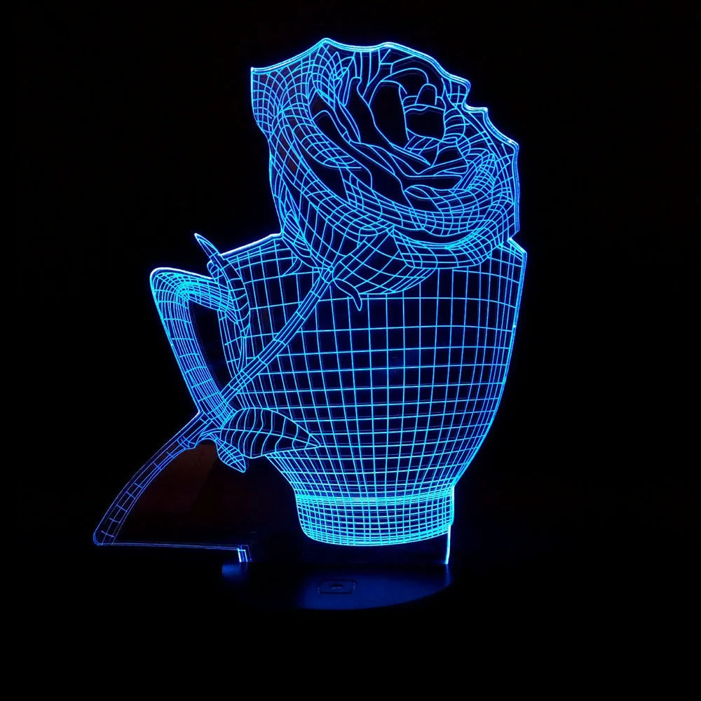 3D rose flower LED night light showing acrylic design on black ABS base, displaying blue colour.