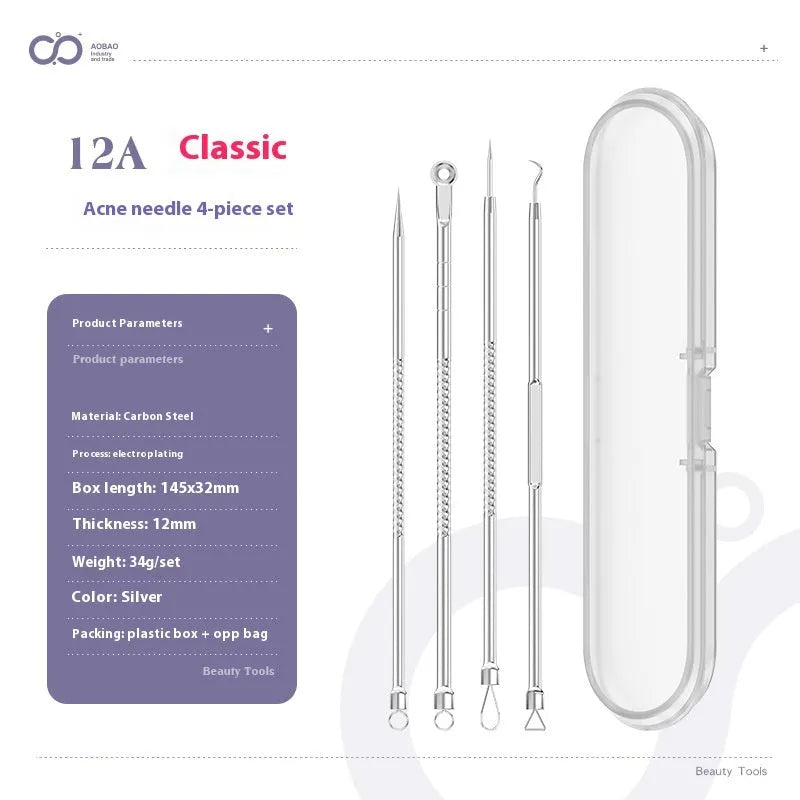 Four silver metal acne needles with ultra-fine points for blackhead removal.