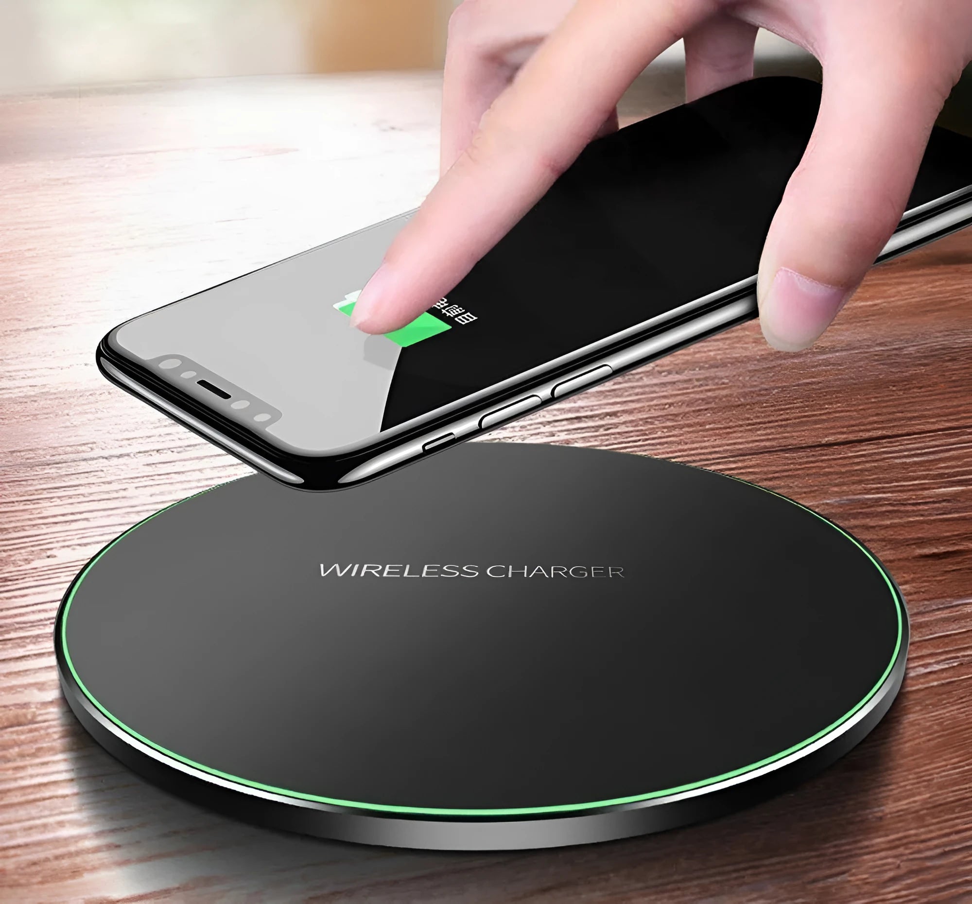Black ultra-thin wireless charging base with 98mm square design for QI smartphone charging