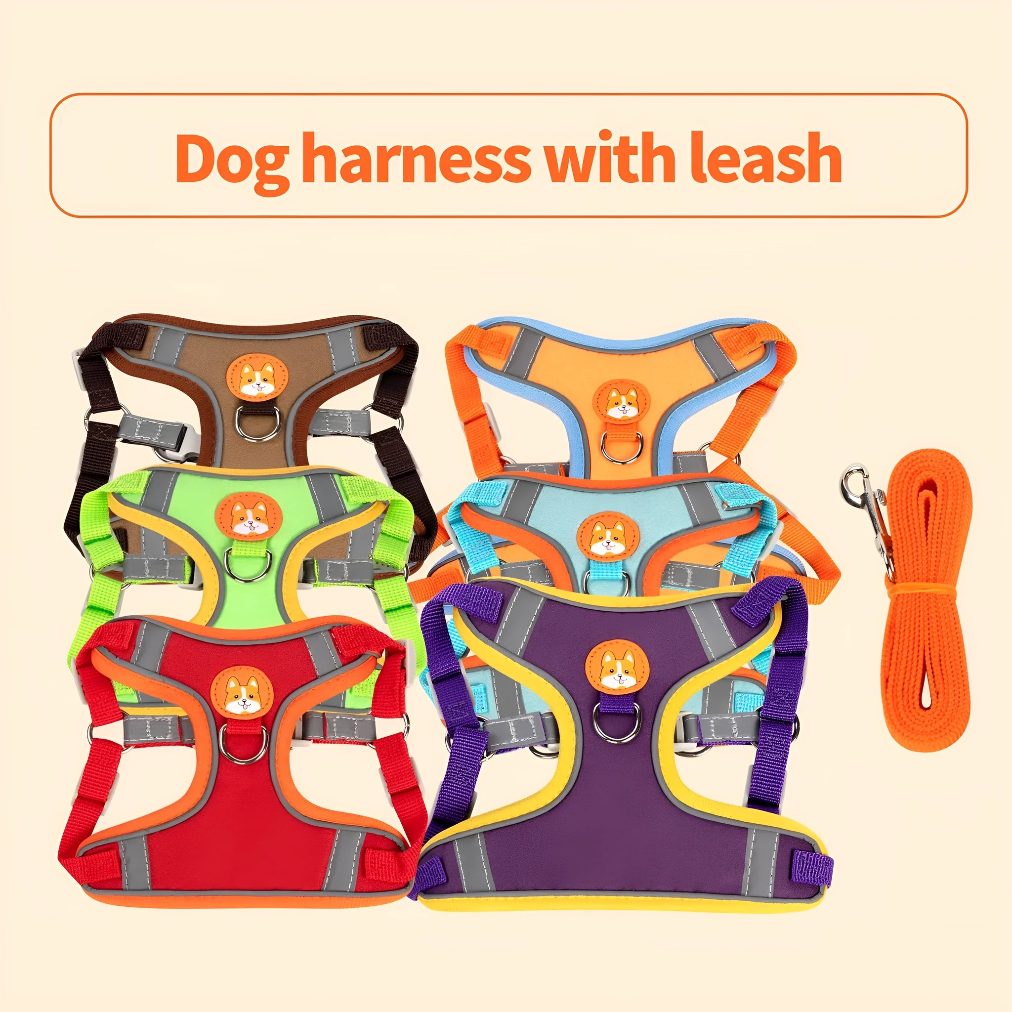 Adjustable dog harness with haulage rope and vest strap in multiple colours.