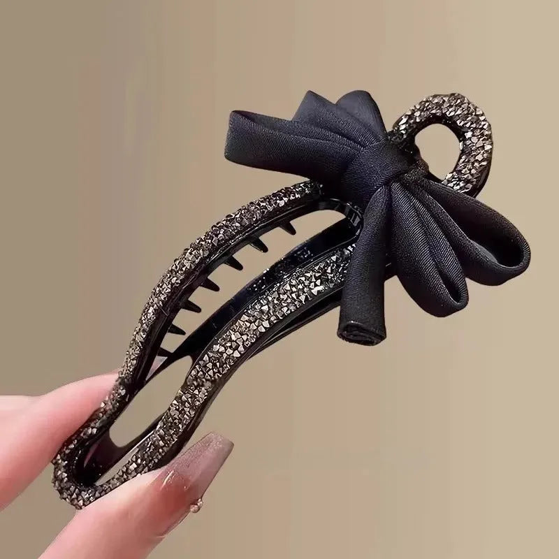 Black crystal bow acrylic hair claw 11.5cm total length, manual processed women's updo accessory
