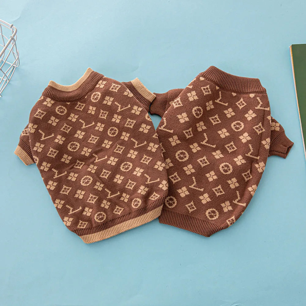 Wool knit dog sweater in winter colours showing thick knit construction and full-body coverage design