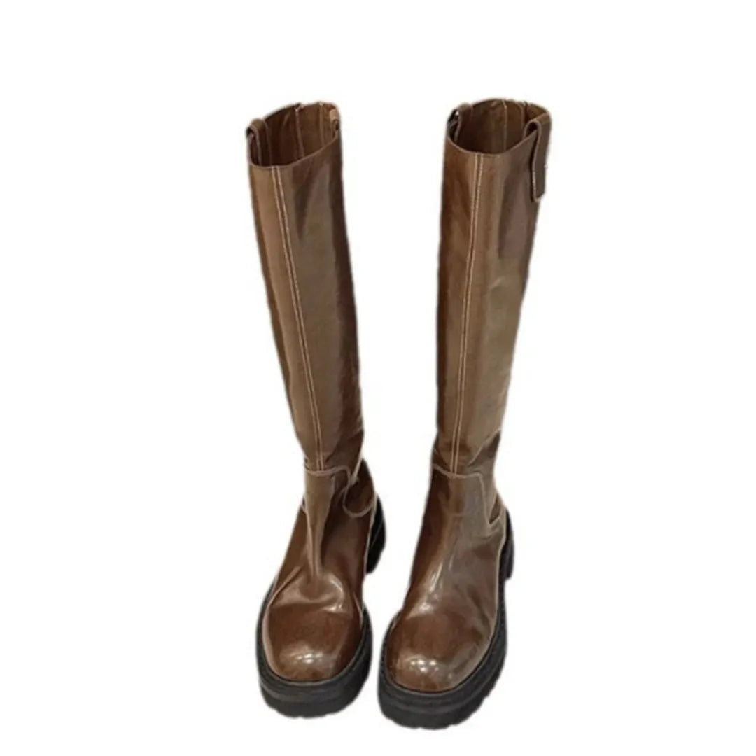 Round head thick bottom chunky heel long tube knight boots in black with back zipper and microfiber upper