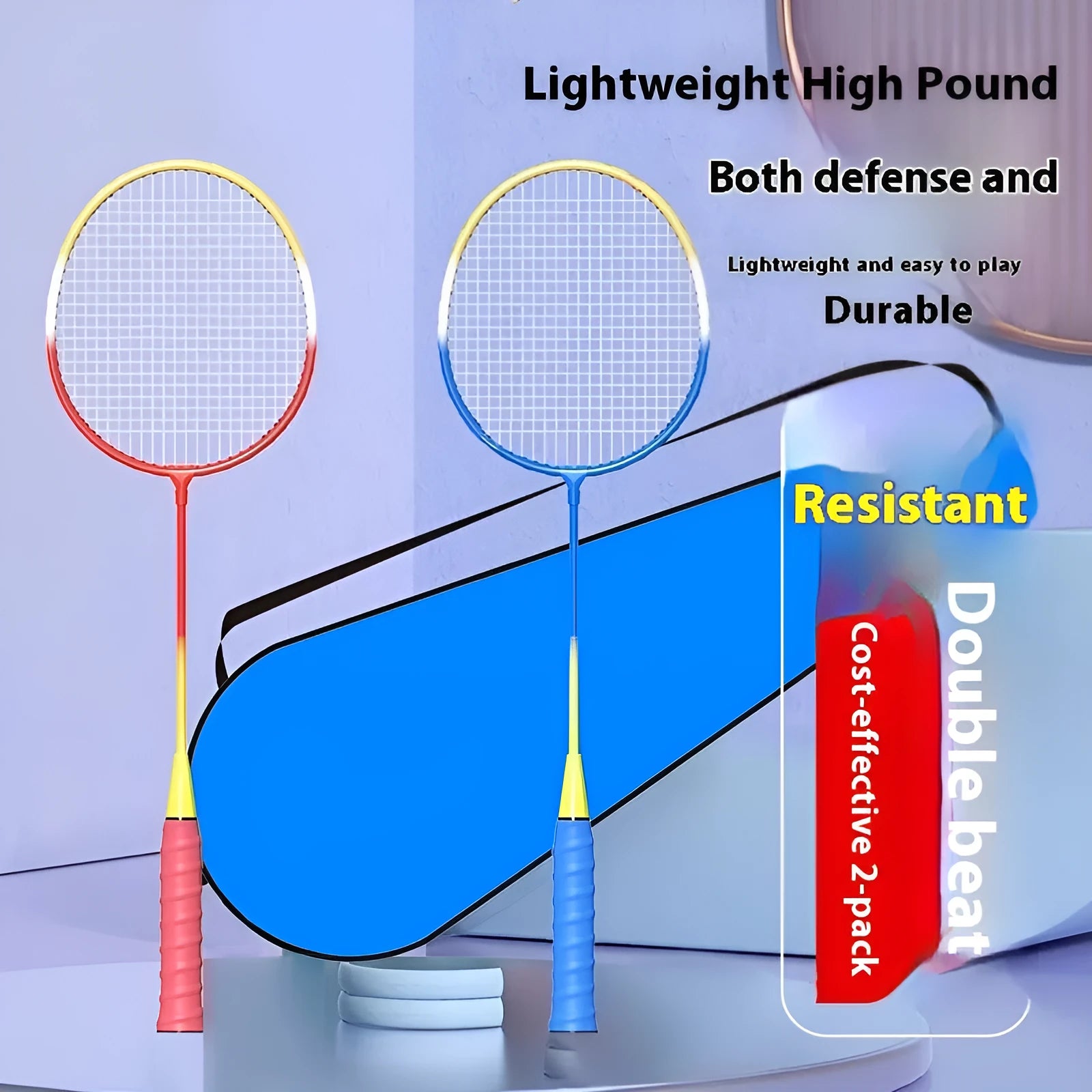 A pair of blue and red alloy badminton rackets with a split design for portability.