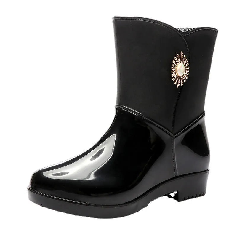 Women's middle tube non-slip rain boots in purple, black, and beige PVC with thickened construction for warmth