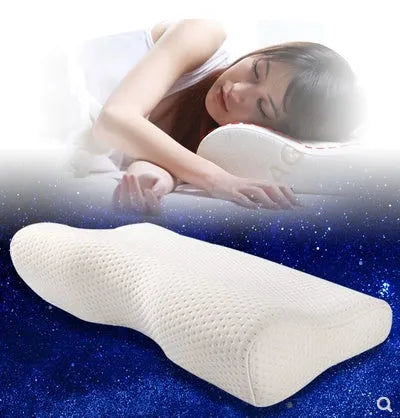 Blue memory cotton butterfly cervical pillow with polyester cover on a bed
