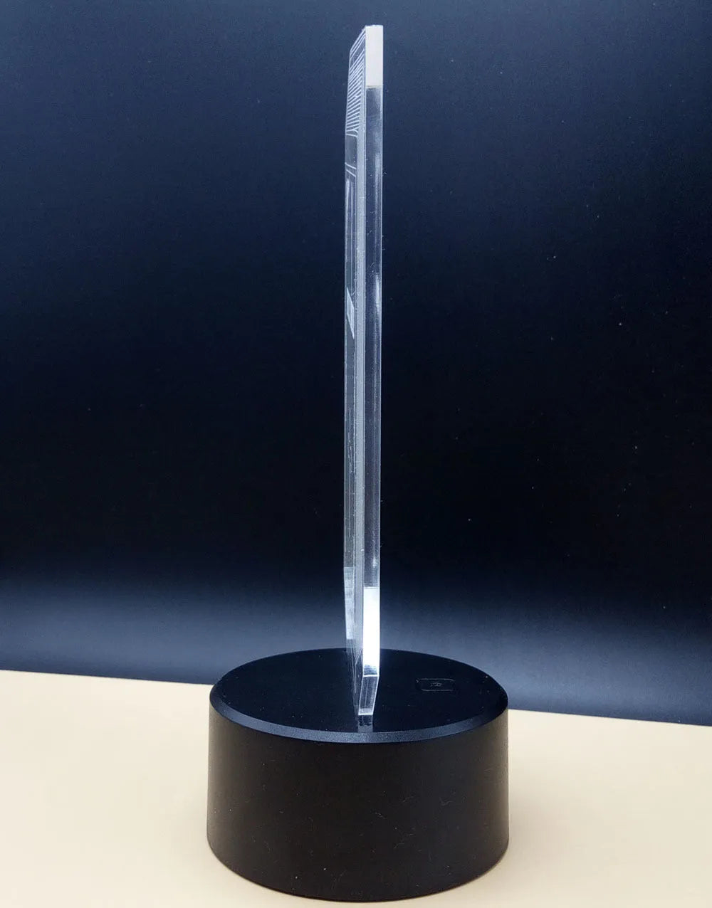 3D rose flower LED night light showing acrylic design on black ABS base, displaying blue colour.