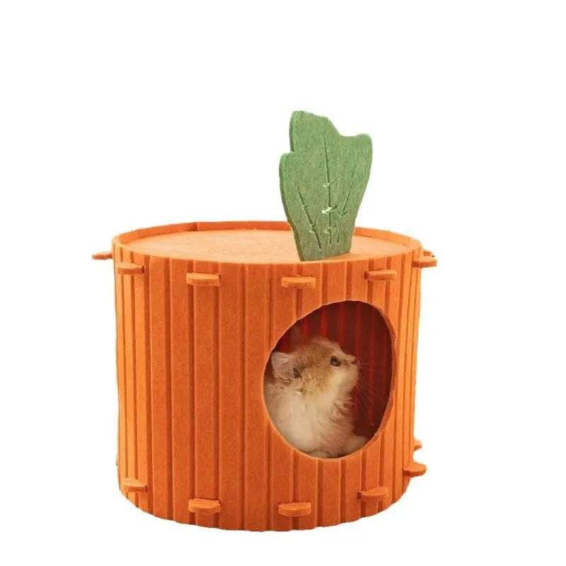 Grey thick felt semi-enclosed cat tunnel nest bed showing its drilled entrance and soft interior.