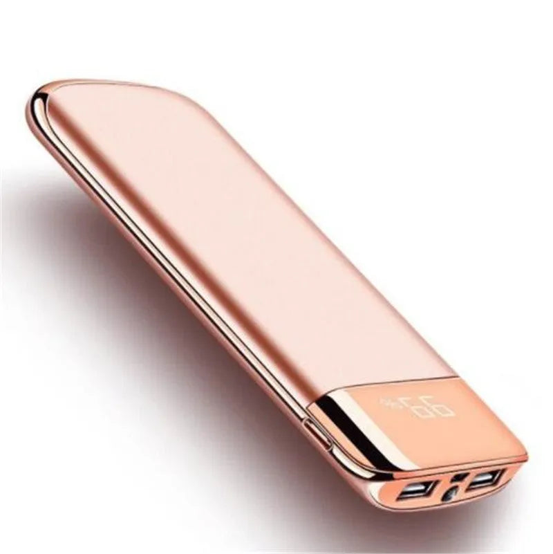 Portable 20000mAh LCD display power bank with dual USB ports and LED light in black