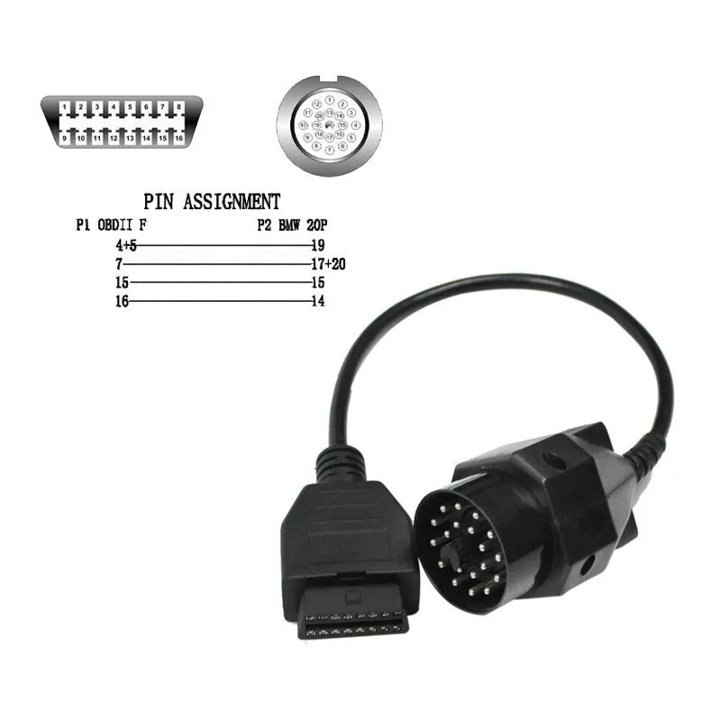 BMW 20-pin to 16-pin OBD2 diagnostic cable adapter with connecting cables
