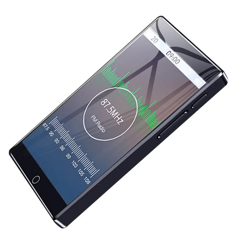 Black Ruizu H1 slim portable media player with 4-inch touch screen showing menu interface