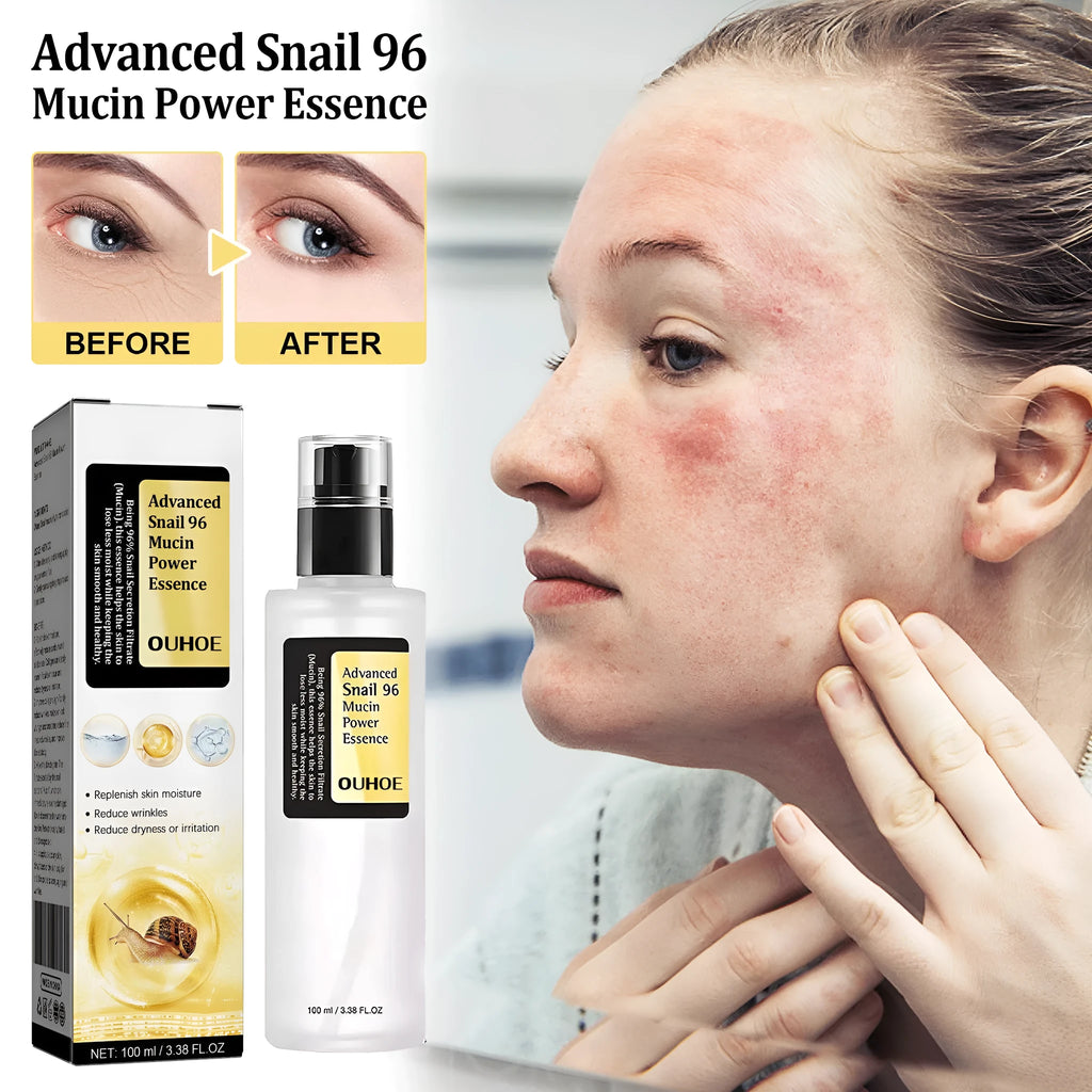 Snail serum collagen facial serum 100ml bottle with photo colour label, hydrating and brightening skin care product