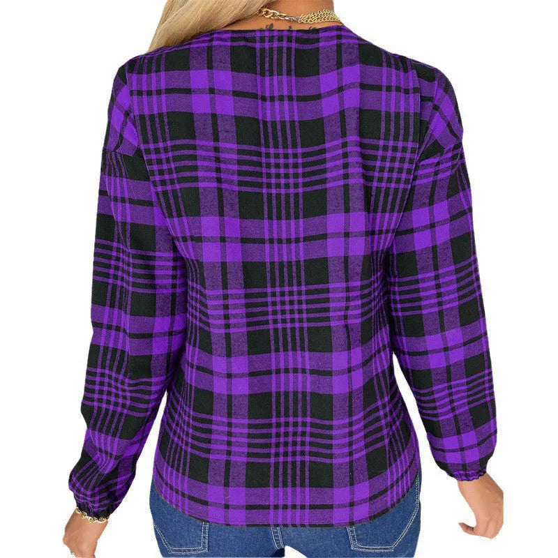 Women's purple, gray and red plaid casual loose shirt with regular sleeves