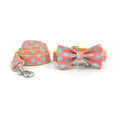 Yellow polka dot pet collar and matching hand-held traction rope lead set on plain background