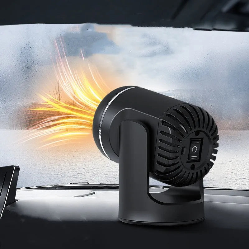 Compact 12V car heater defrost fan in black and white ABS plastic with heat switch and 1.5m power cord