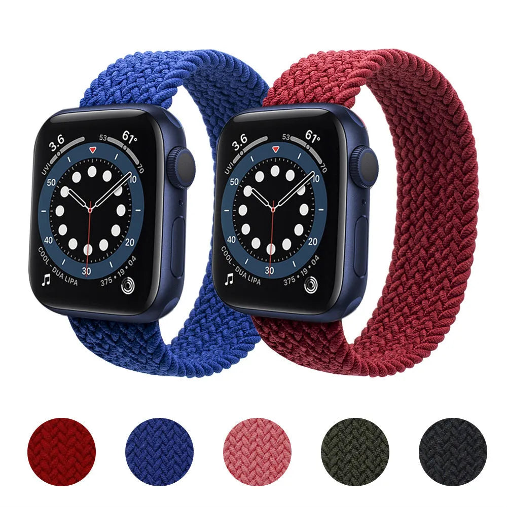 Nylon woven sports strap for Apple Watch in multiple colours, showing plastic head and one-piece design.