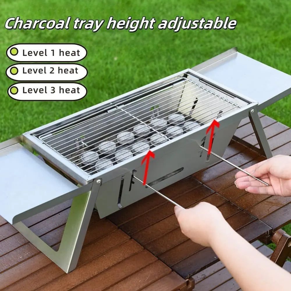 Small folding portable charcoal grill for outdoor barbecues, shown in use and folded for storage.