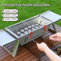 Small folding portable charcoal grill for outdoor barbecues, shown in use and folded for storage.