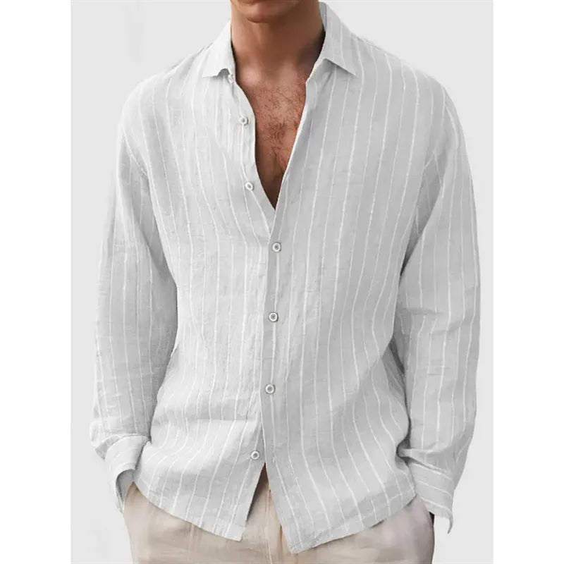 Long sleeve men's striped print shirt, 80 thread polyester, loose cardigan style, short sleeve, multiple colours