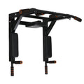 Black wall-mounted steel fitness rack with sandbag holder and single parallel bars for pull-ups