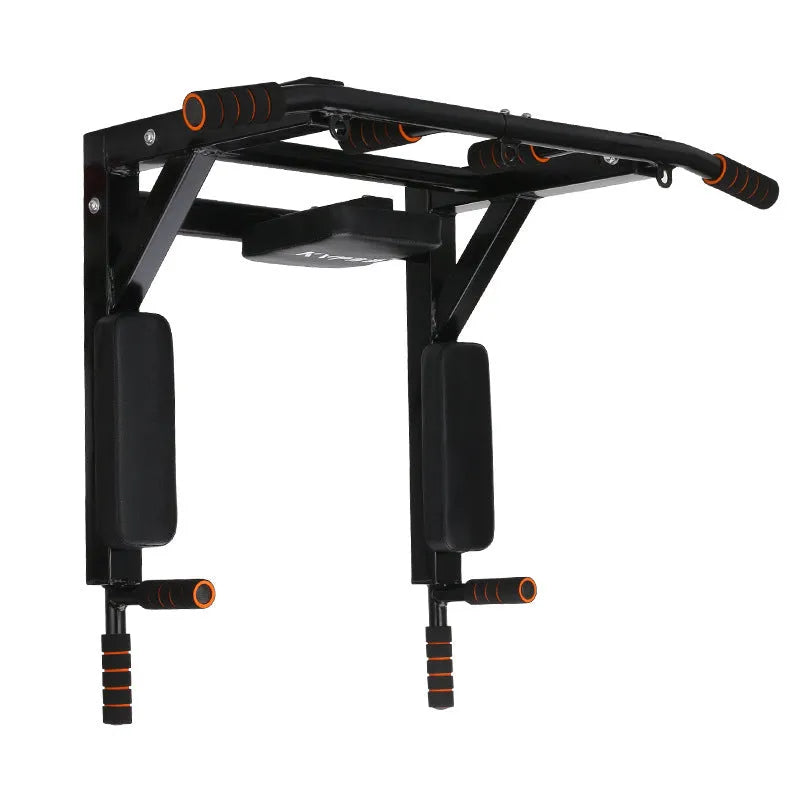 Black wall-mounted steel fitness rack with sandbag holder and single parallel bars for pull-ups