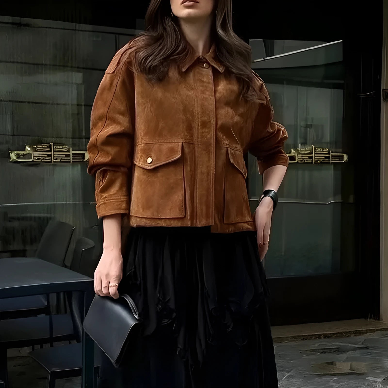 Women's street chic suede coat in bright brown colour with regular sleeves