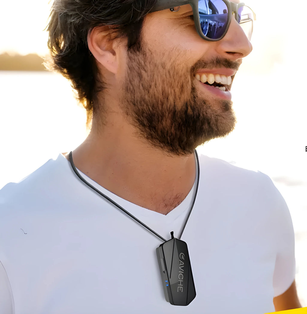 Black wearable air purifier necklace measuring 80mm long with plastic construction and portable battery operation